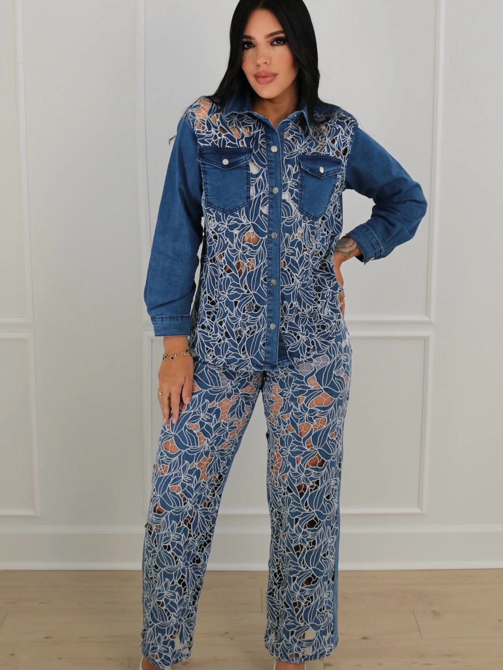Marisun Embroidered Cutout Denim 2-Piece Set